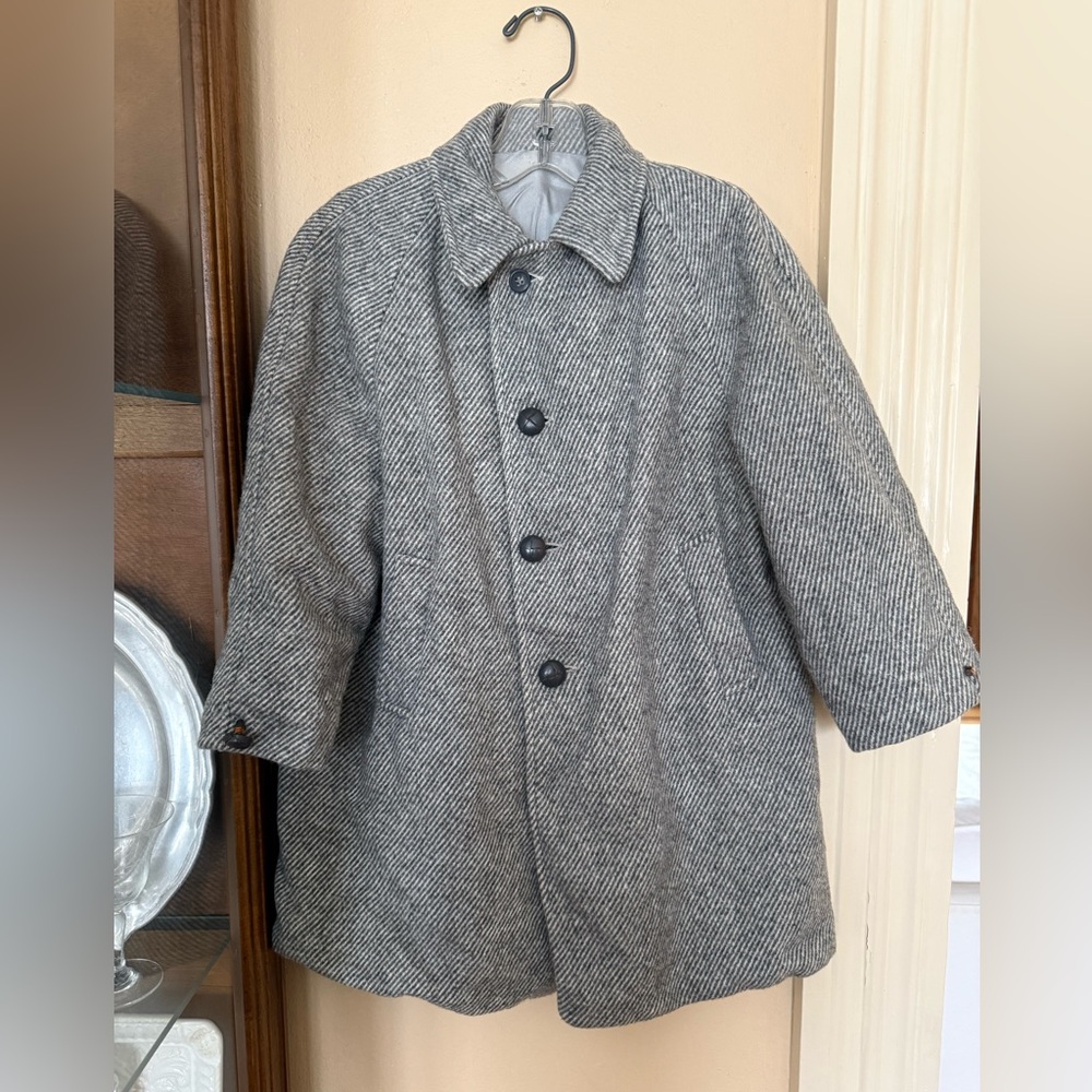 Vintage 1950s Boys Herringbone Wool Raglan Overcoat S Preppy Academia Tweed Kids